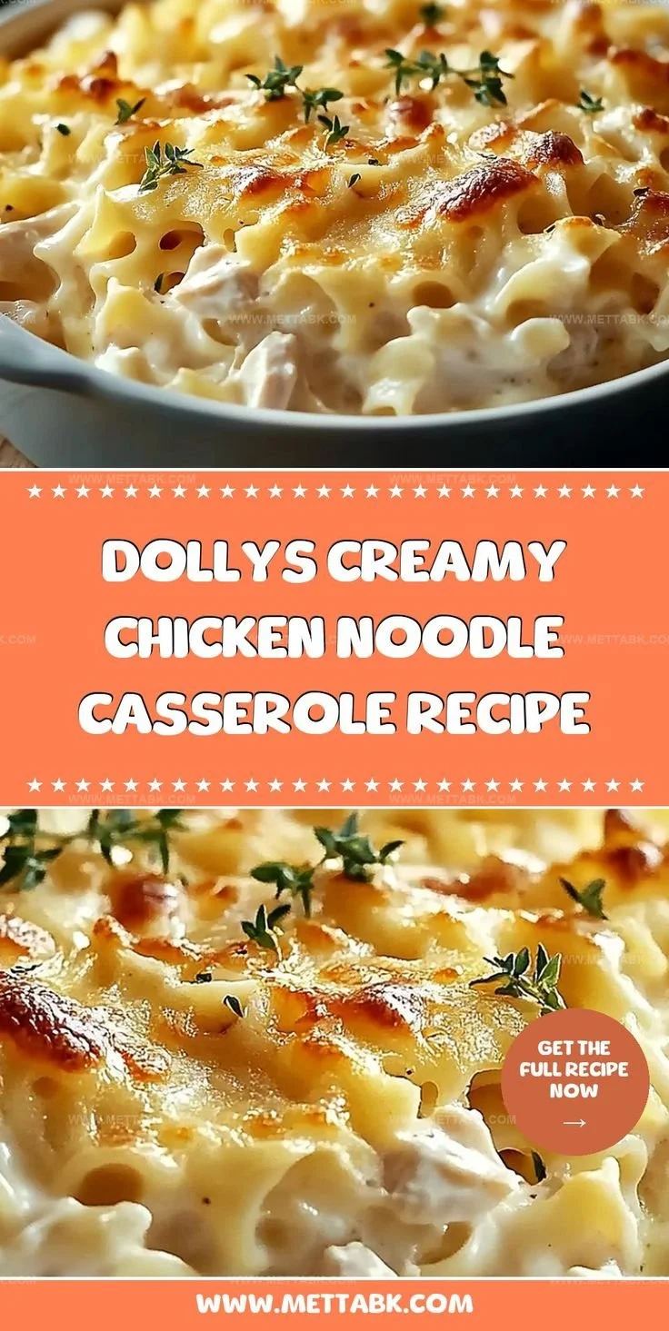 Dolly's creamy chicken noodle casserole served in a bowl with a spoon