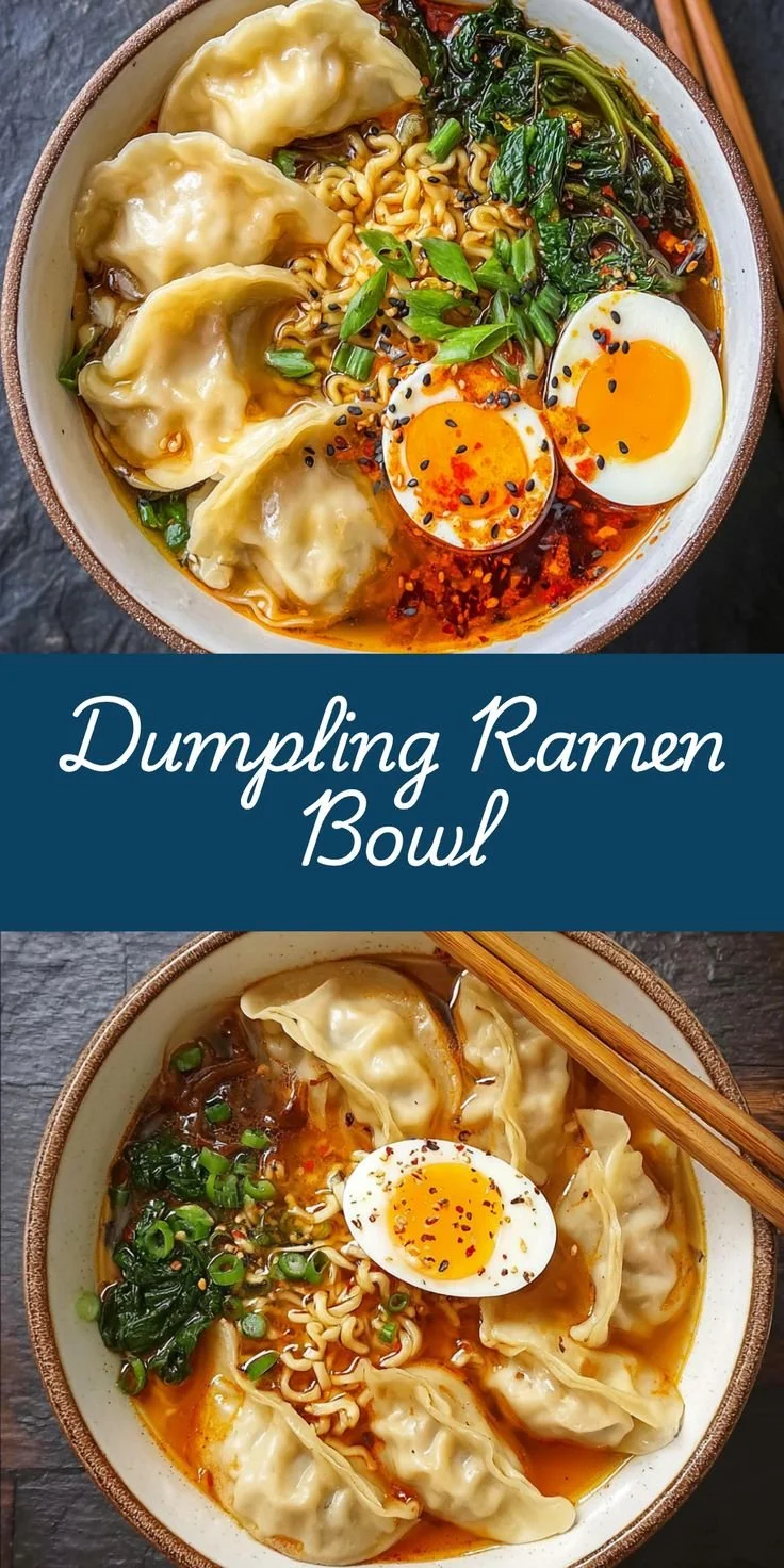 A hearty Dumpling Ramen Bowl with dumplings, noodles, and fresh toppings.