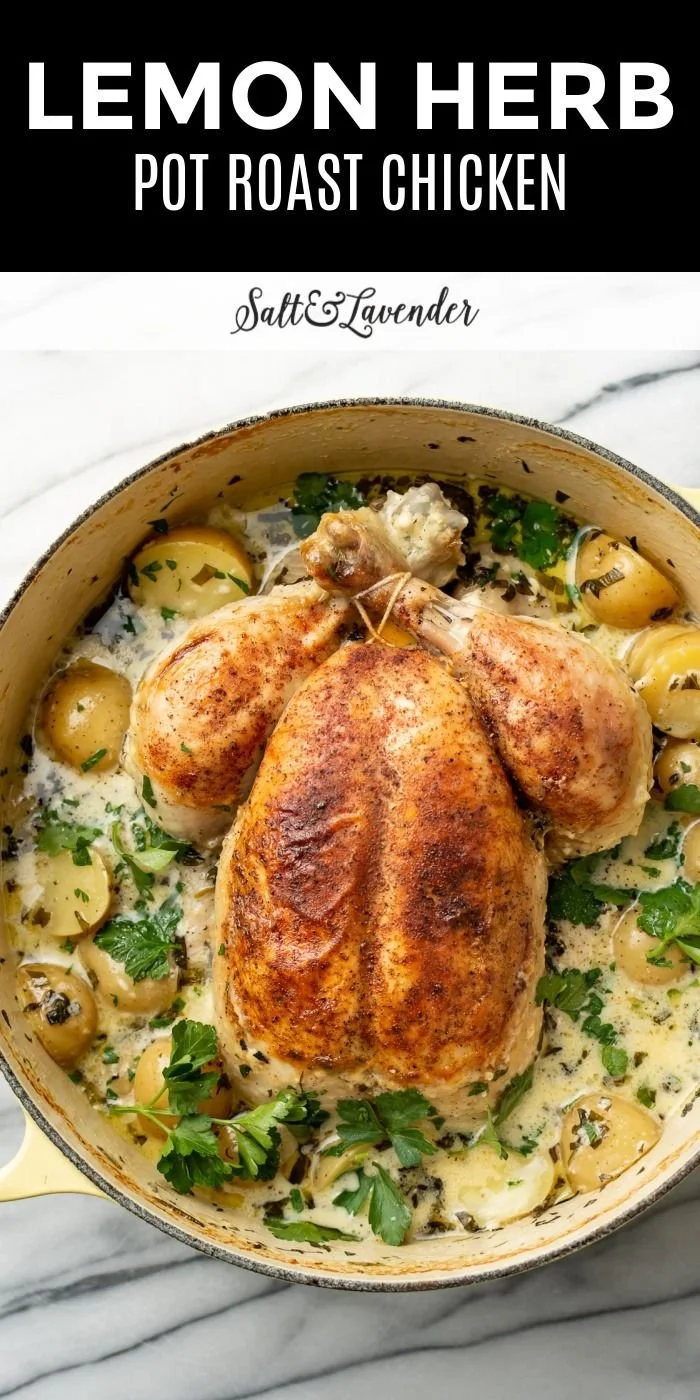 Perfectly cooked Dutch Oven roast chicken with herbs and spices