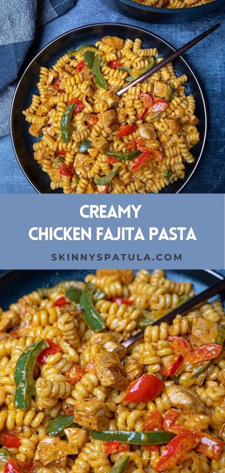 Creamy chicken fajita pasta in a skillet with colorful bell peppers and noodles