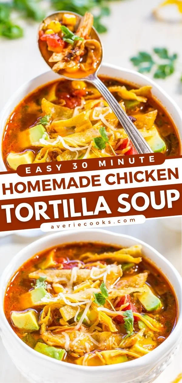 Bowl of easy homemade chicken tortilla soup garnished with tortilla strips