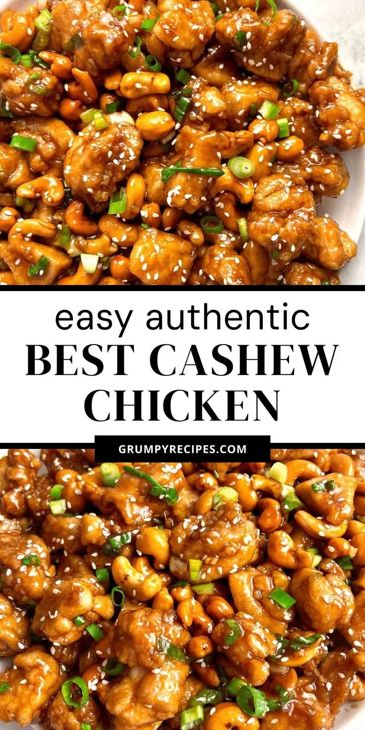 Easy authentic cashew chicken dish garnished with vegetables and cashews