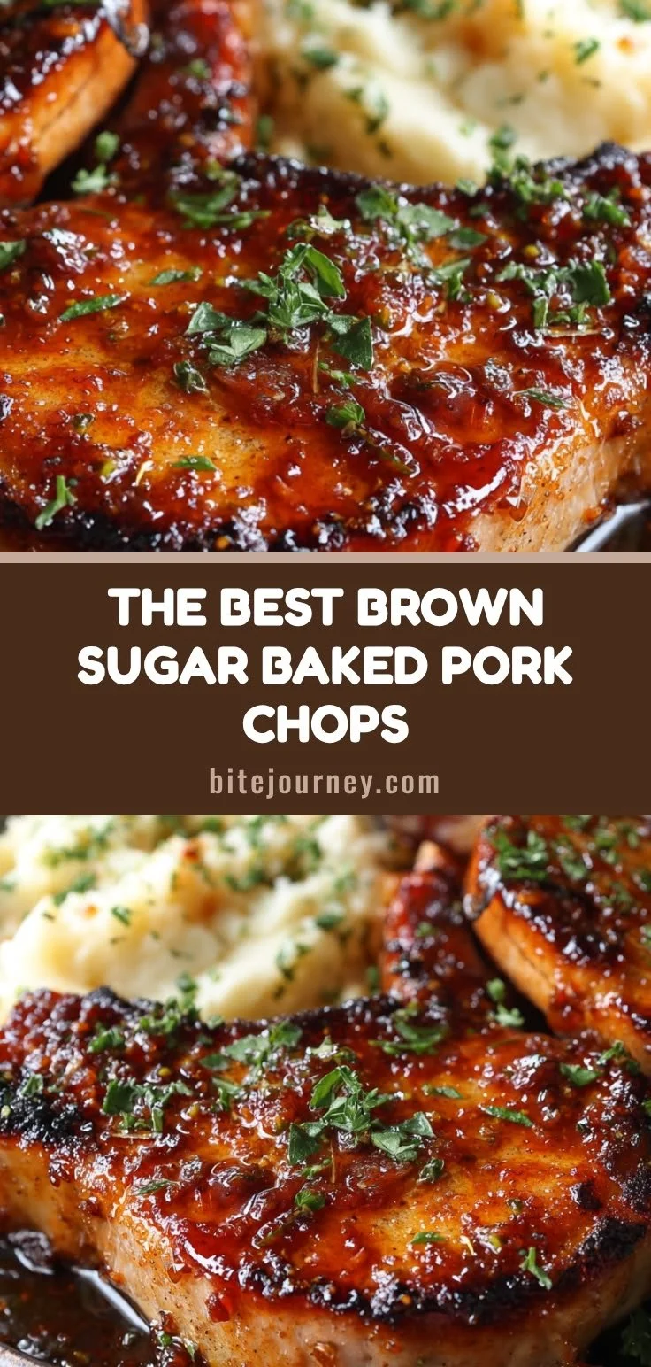 Baked pork chops with brown sugar glaze served on a plate