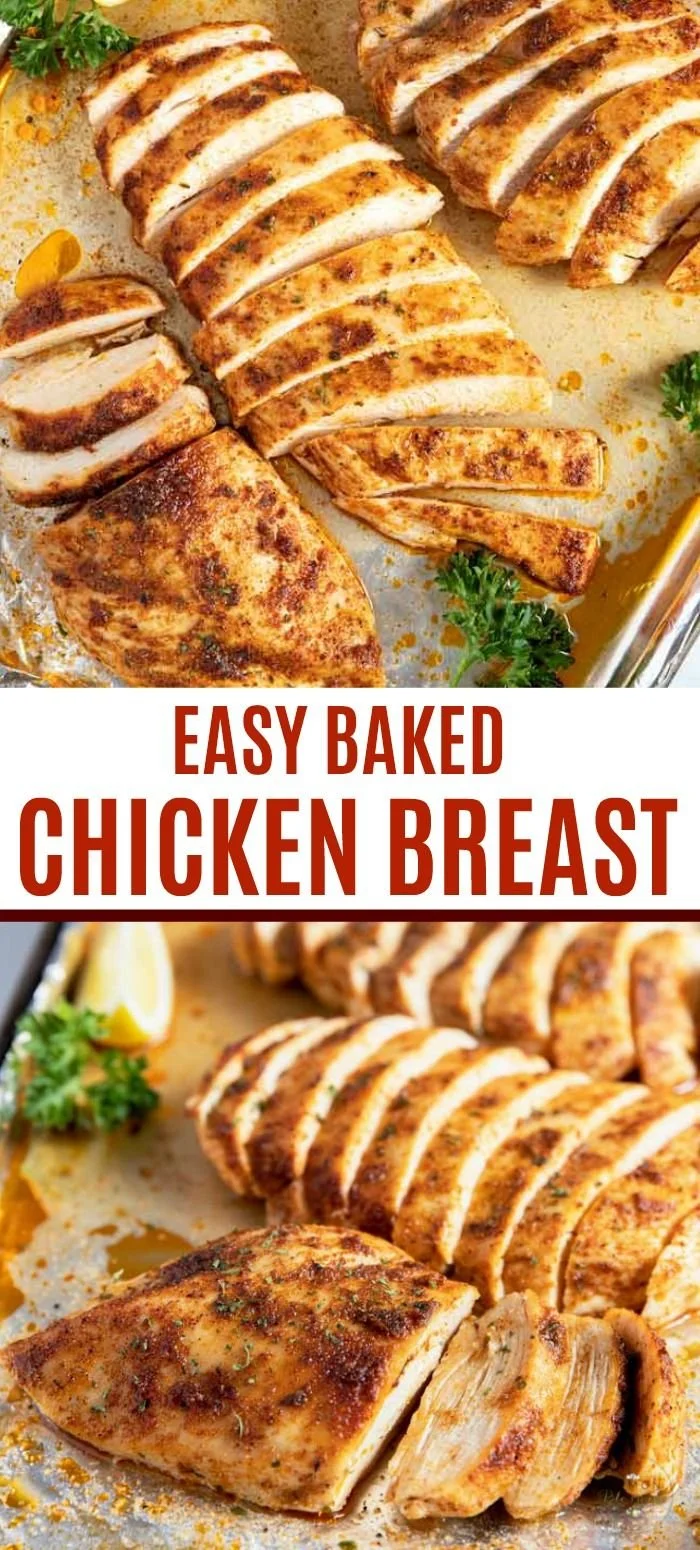 Juicy easy baked chicken breast on a plate, ready to serve for dinner.