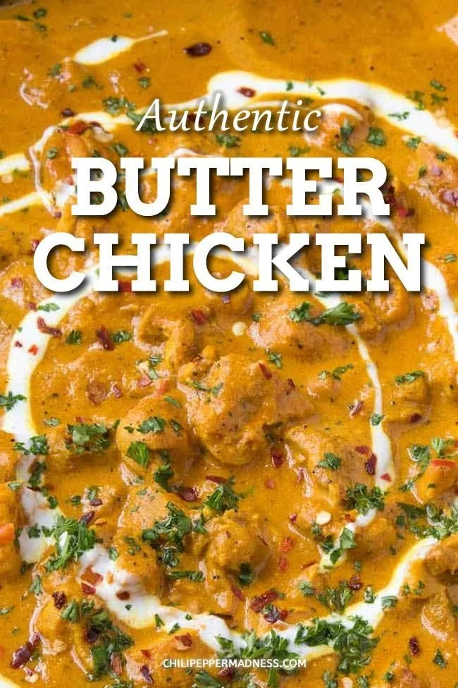 A bowl of easy butter chicken served with rice and naan bread.