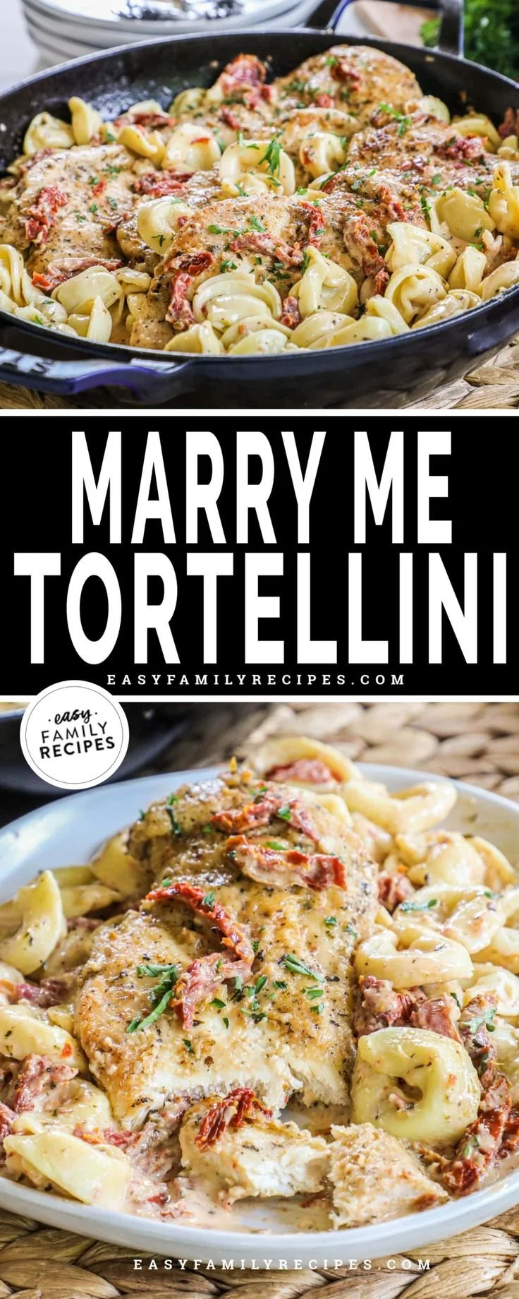 Plate of Marry Me Chicken with tortellini, garnished with herbs for a delicious dinner.