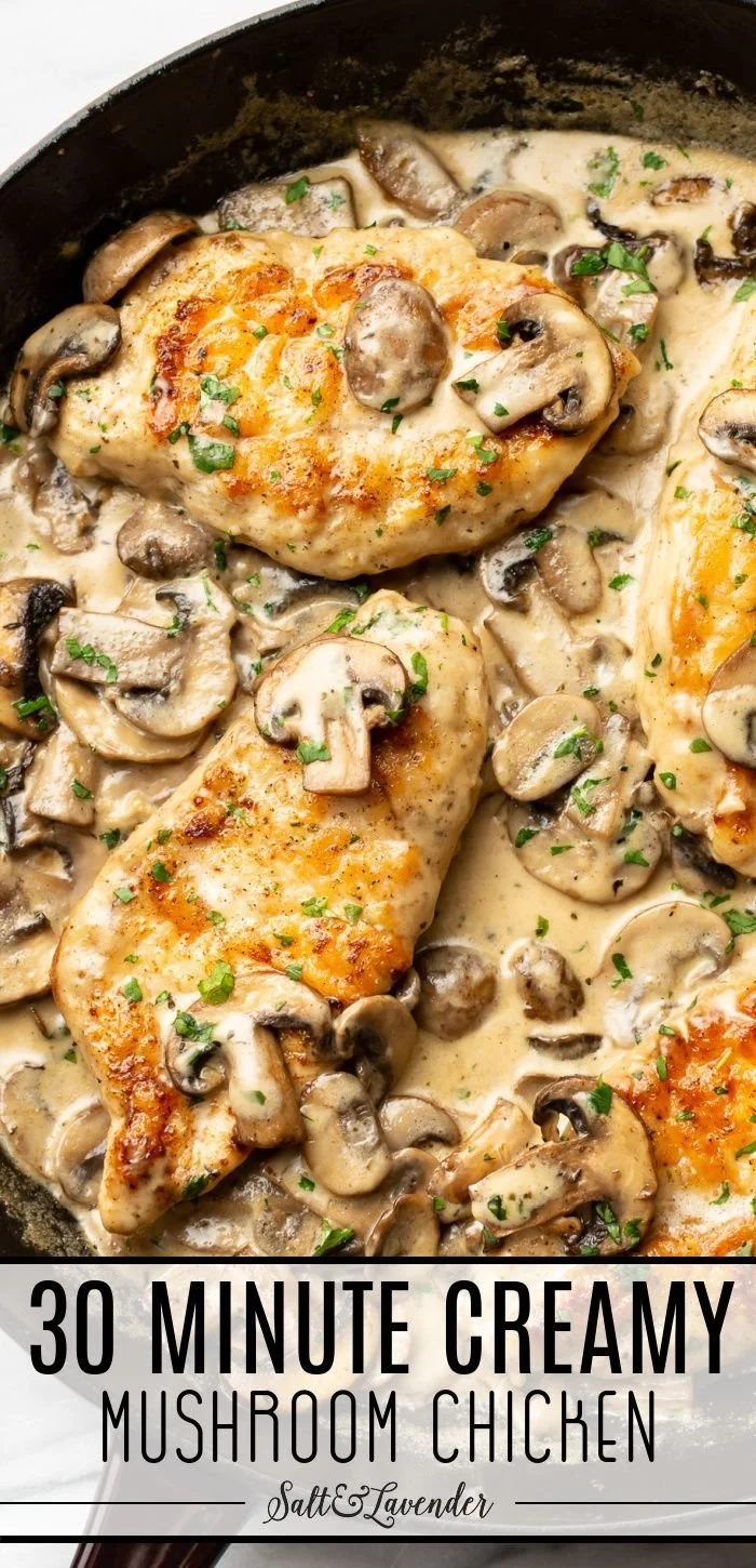 Easy chicken dinner with garlic and cream sauce served on a plate