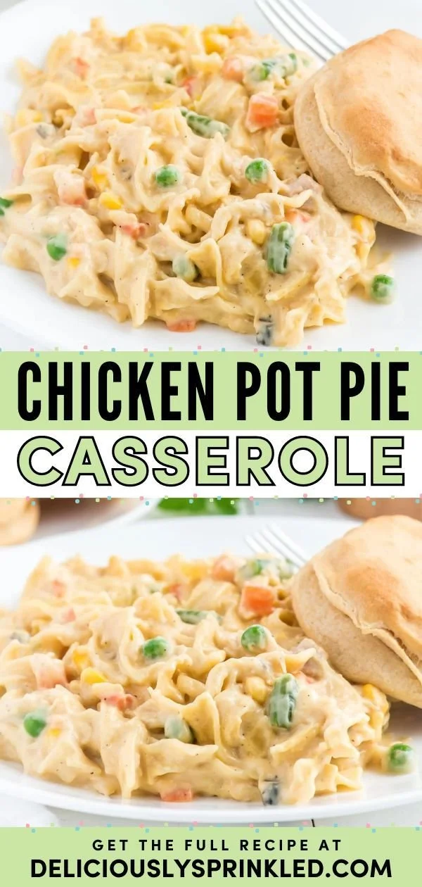 Delicious easy chicken pot pie casserole ready to serve on a kitchen table.