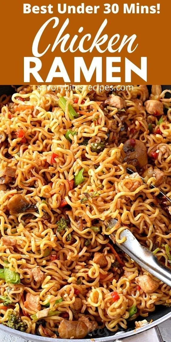 Easy chicken ramen stir fry with colorful vegetables and tender chicken pieces