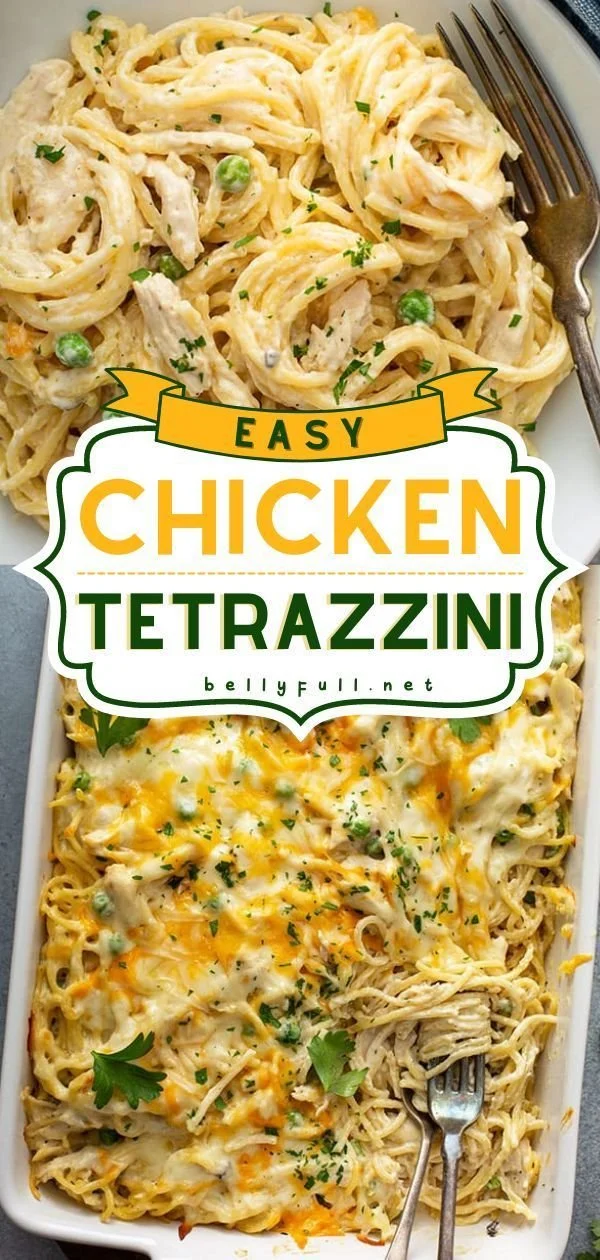 Bowl of easy chicken tetrazzini with pasta and creamy sauce