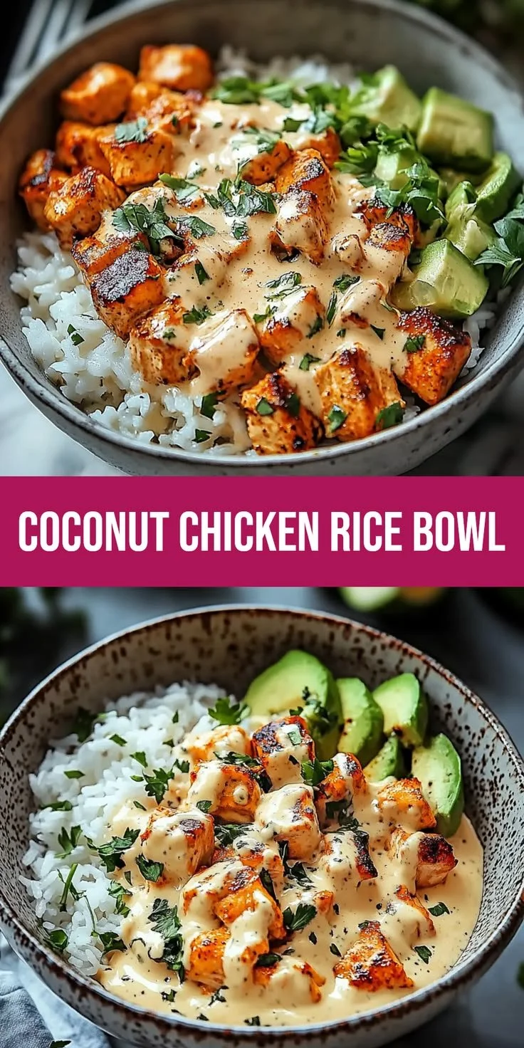 Delicious Easy Coconut Chicken Rice Bowl served with fresh ingredients