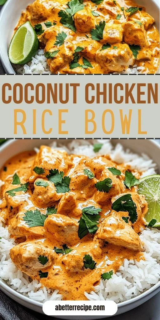 Easy coconut chicken rice bowl topped with fresh herbs and vegetables