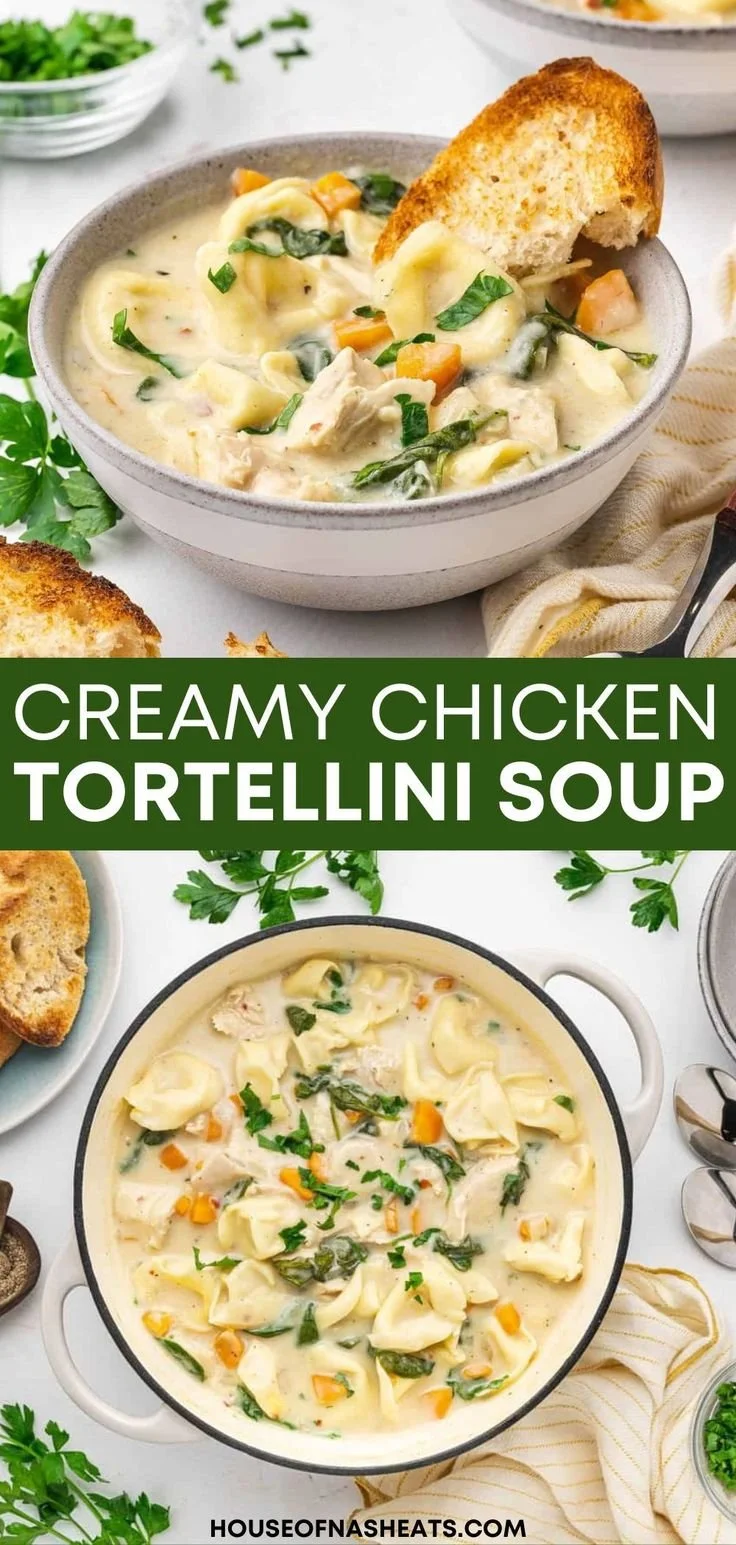 Bowl of easy creamy chicken tortellini soup with fresh herbs and vegetables.