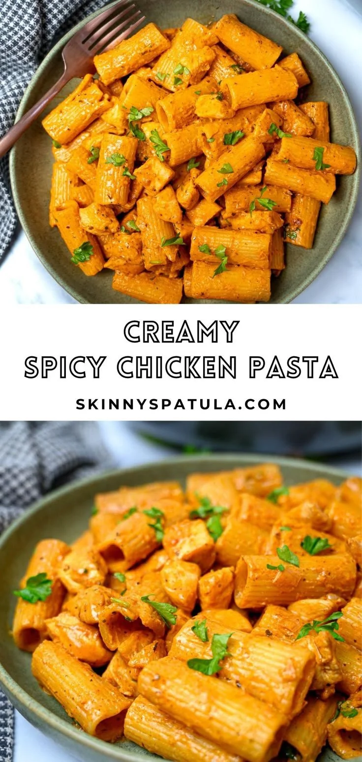 Bowl of easy creamy spicy chicken pasta garnished with herbs