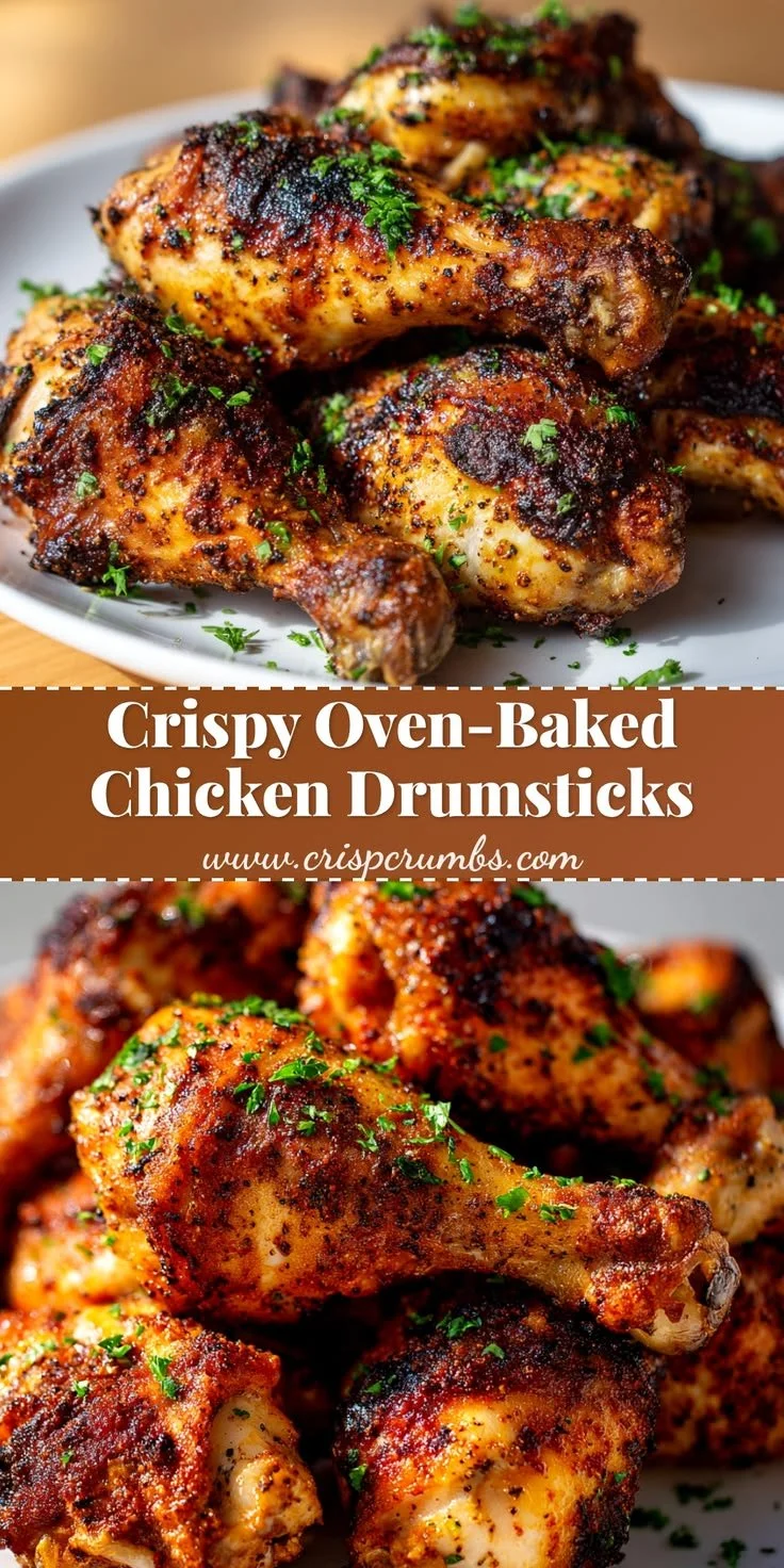 Crispy oven-baked chicken drumsticks on a plate with herbs