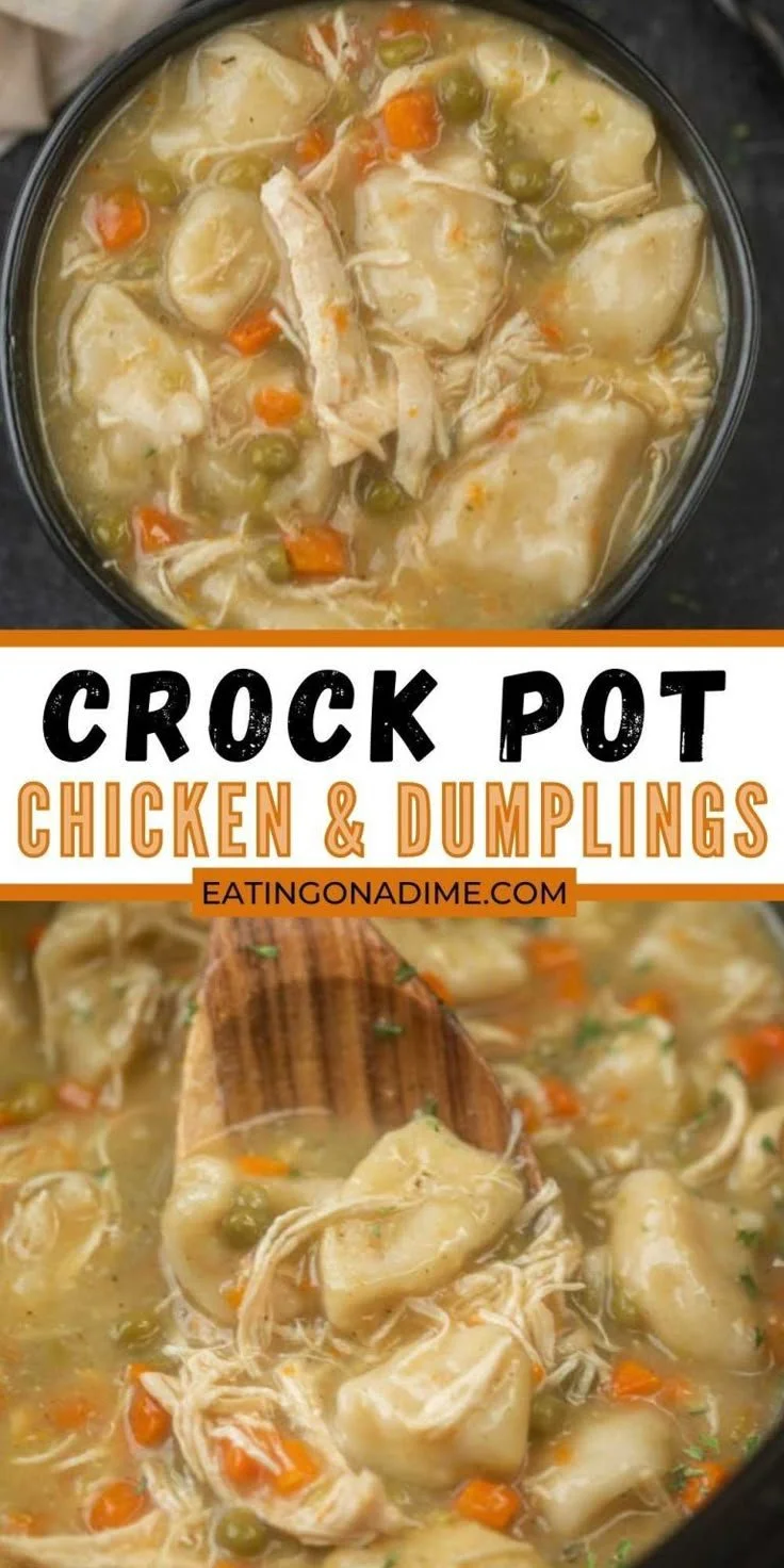 Delicious bowl of easy Crockpot chicken and dumplings with fresh herbs.