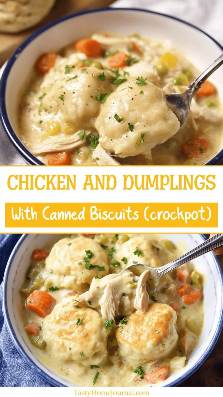 Easy crockpot chicken and dumplings made with canned biscuits in a bowl.