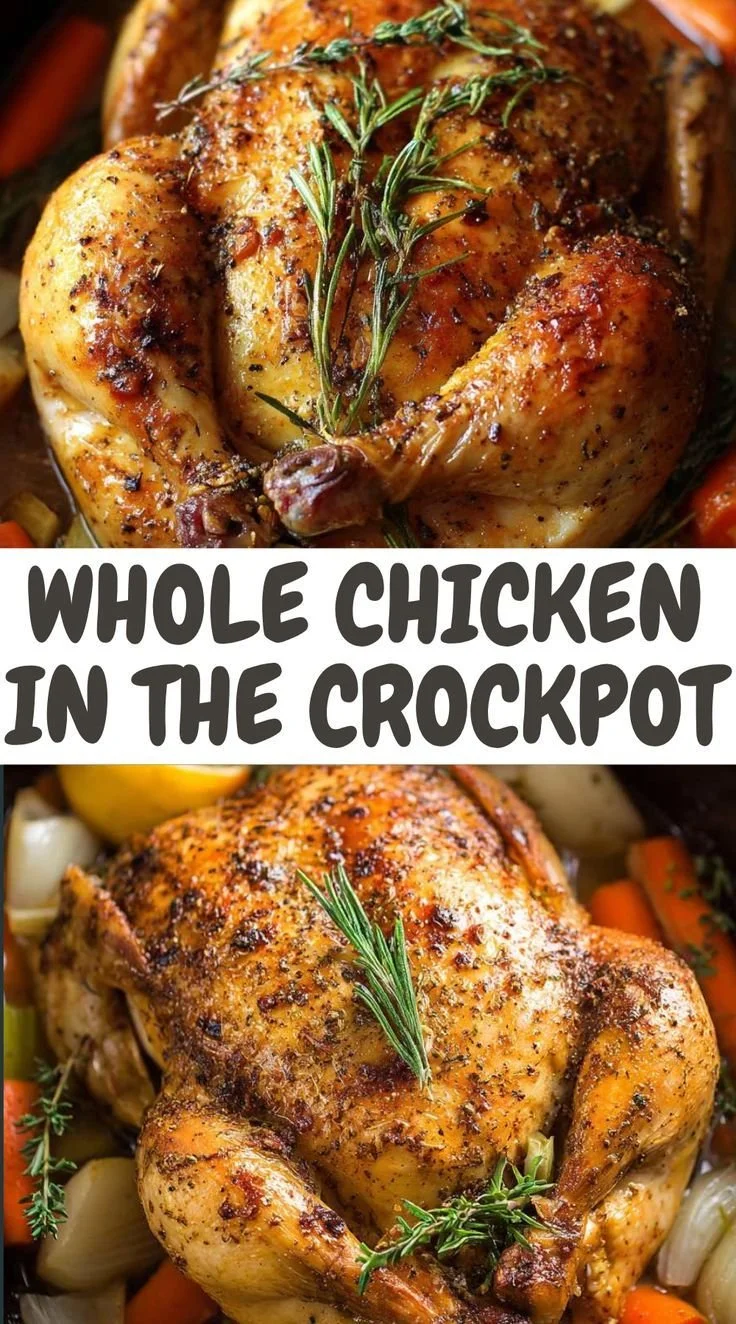 Deliciously cooked Crockpot whole chicken ready for dinner