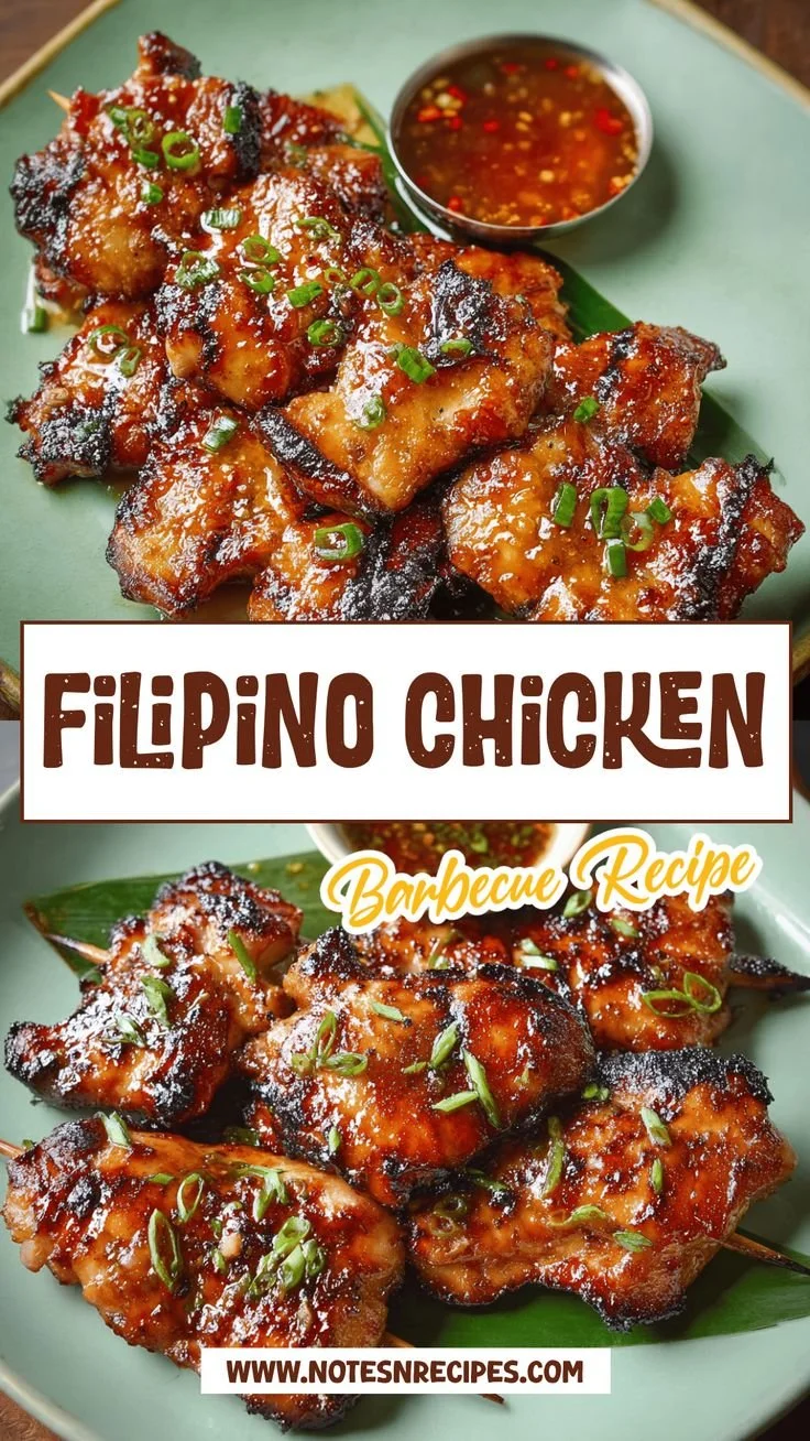Grilled Filipino chicken barbecue served on a plate with herbs and vegetables.