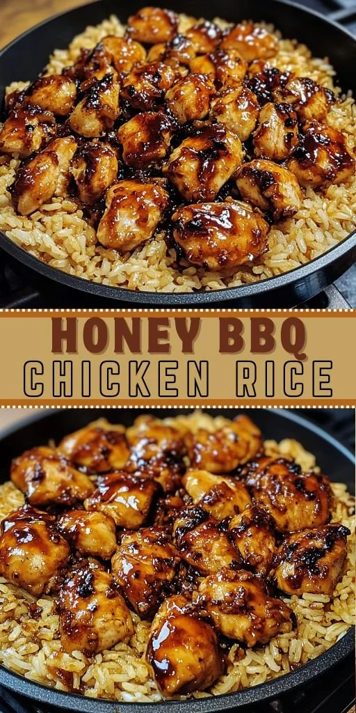 Delicious Easy Honey BBQ Chicken served with rice on a plate.