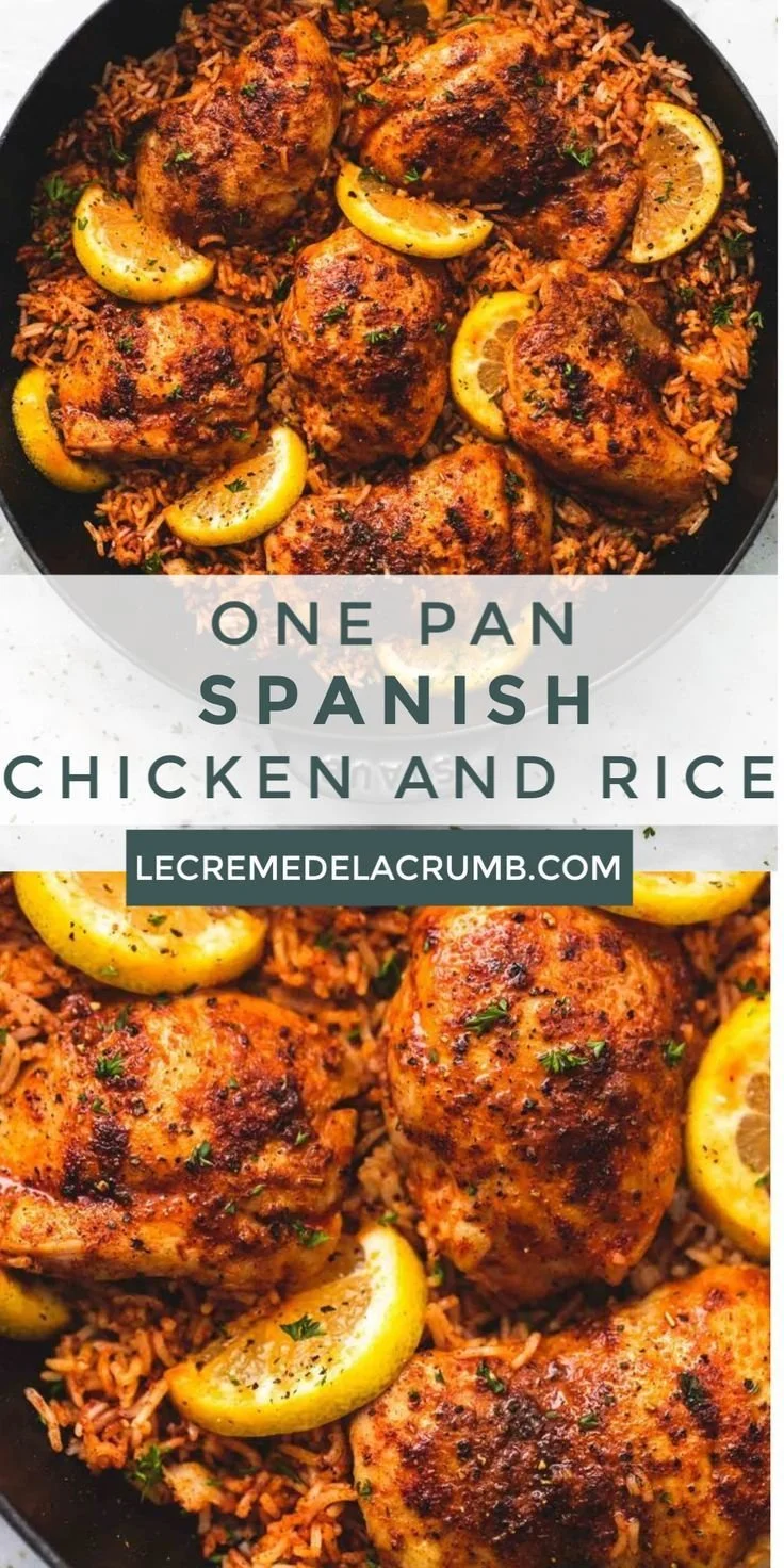 A colorful dish of one pan Spanish chicken and rice garnished with fresh herbs.