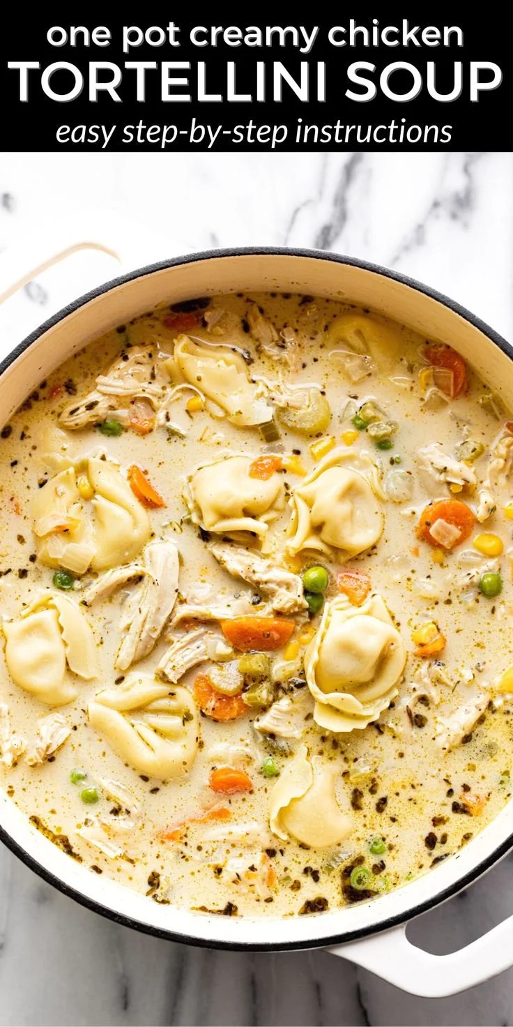 A bowl of easy one-pot chicken tortellini soup with vegetables and herbs.
