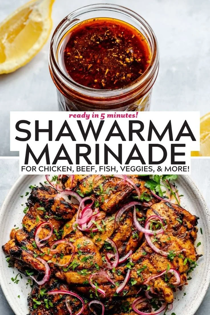A bowl of homemade shawarma marinade with spices and herbs.
