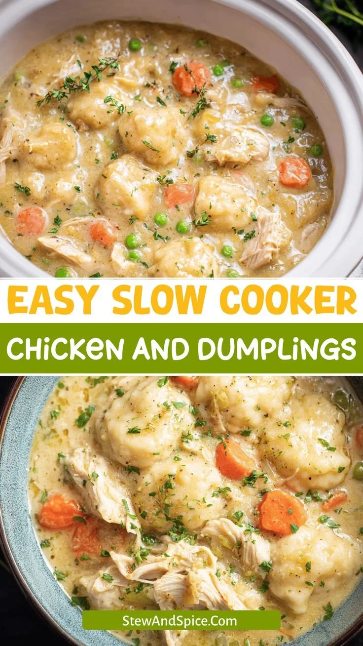 Bowl of easy slow cooker chicken and dumplings with vegetables