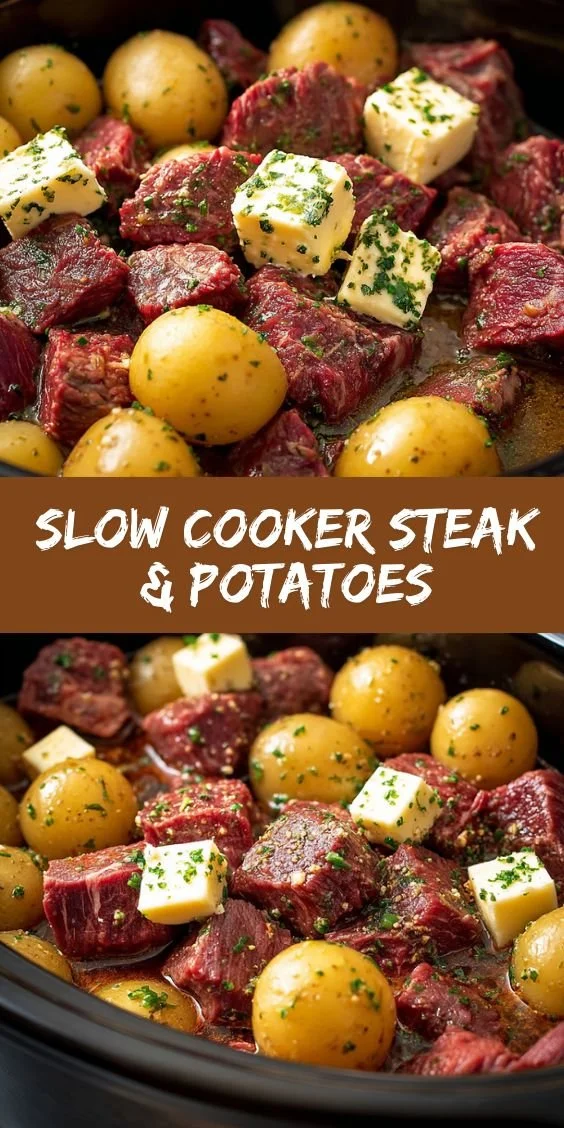 Easy slow cooker steak and potatoes dish served for dinner