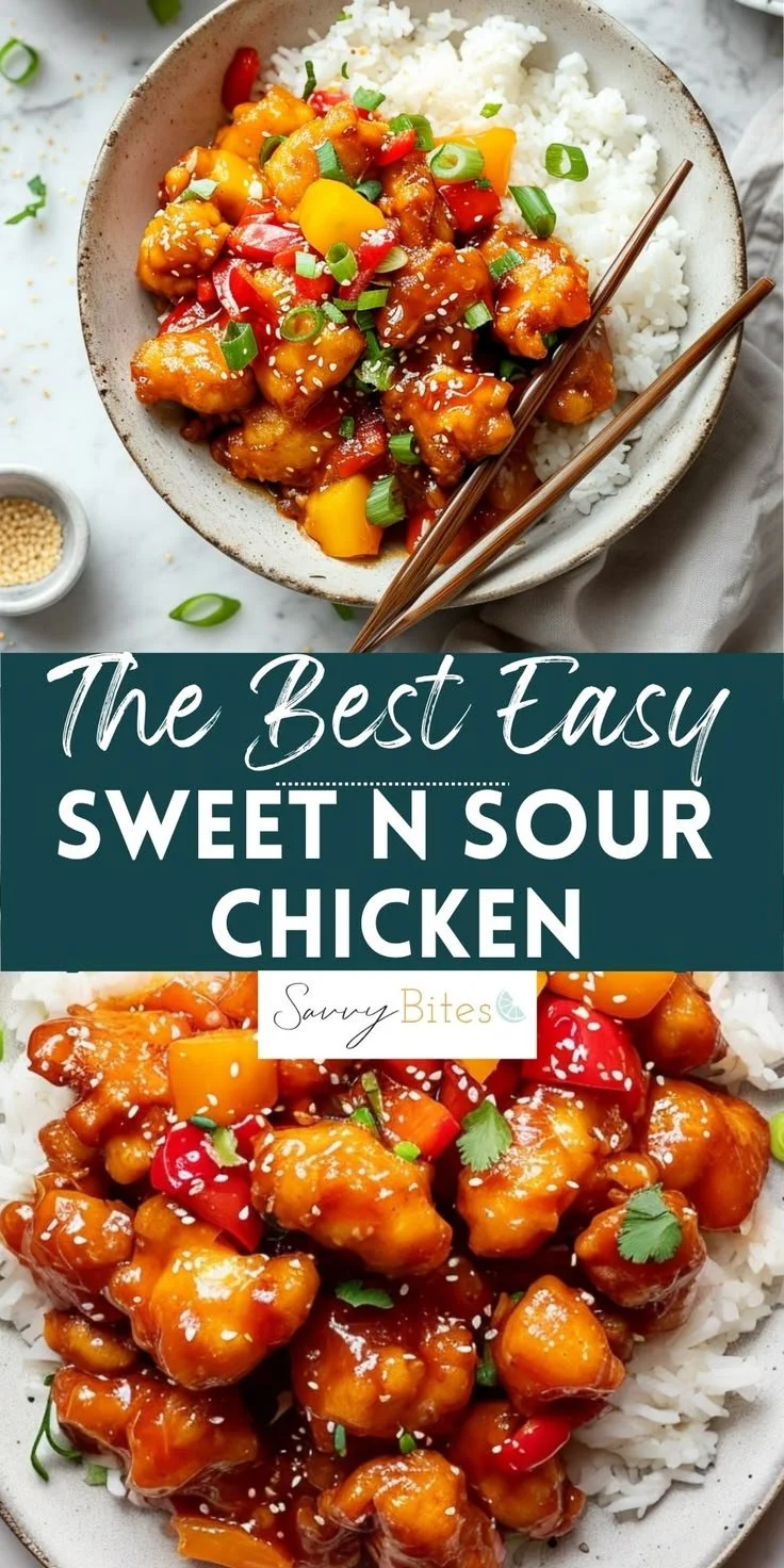 Delicious easy sweet sour chicken served with rice and vegetables