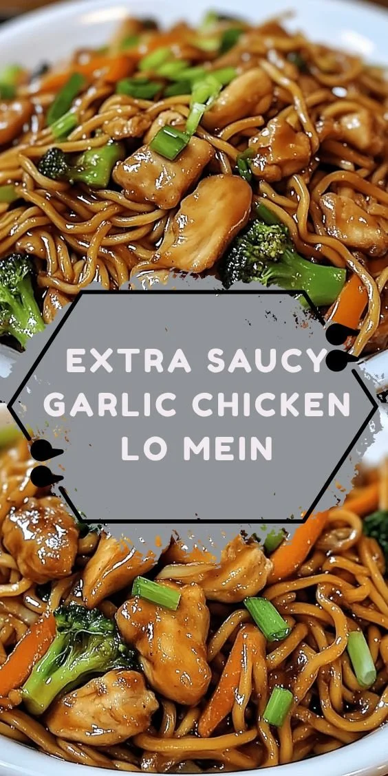 Delicious extra saucy garlic chicken lo mein served in a bowl
