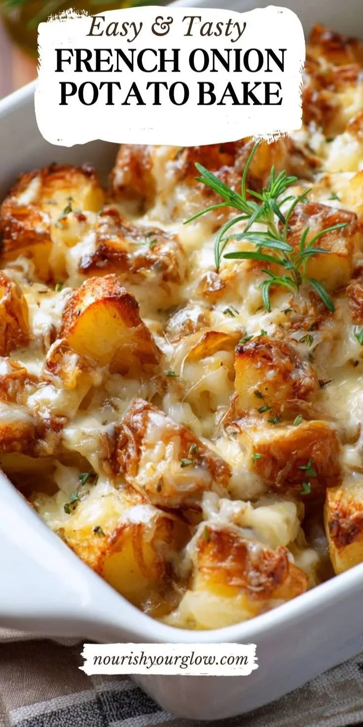 Delicious French Onion Potato Bake topped with melted cheese and herbs