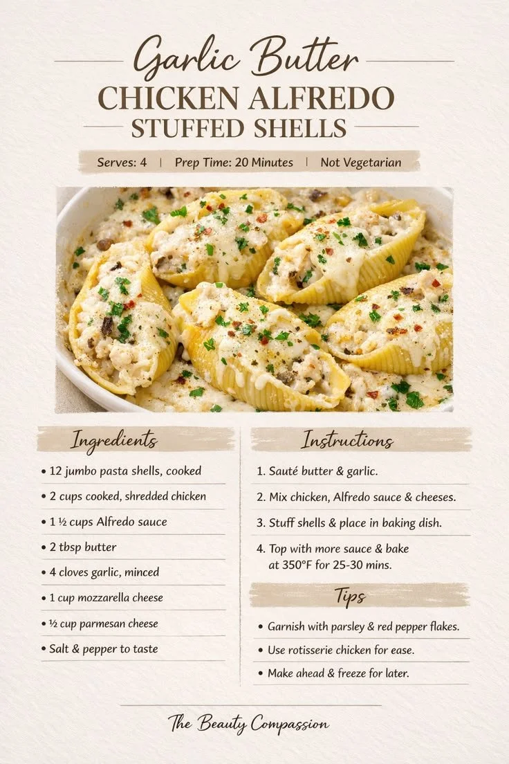 Delicious Garlic Butter Chicken Alfredo stuffed shells ready to serve