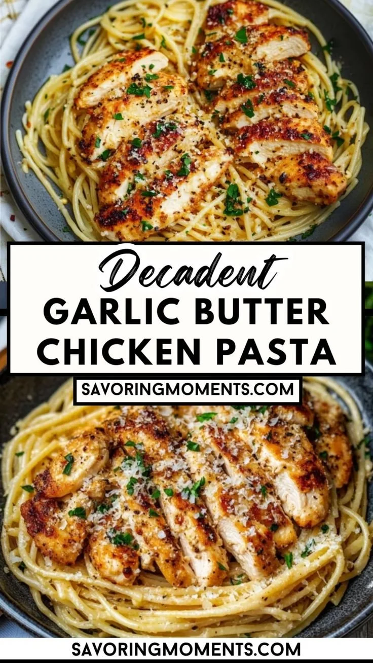 Delicious Garlic Butter Chicken Pasta served with herbs and grated cheese