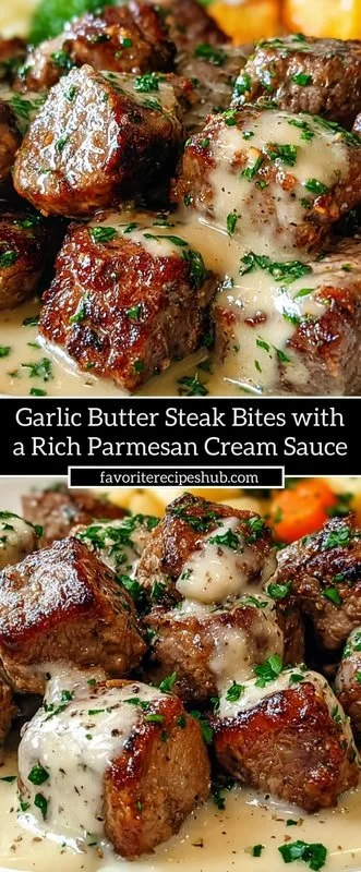 Delicious Garlic Butter Steak Bites with Parmesan cream sauce served on a plate.