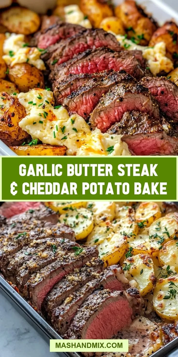 Delicious Garlic Butter Steak served with creamy Cheddar Potato Bake