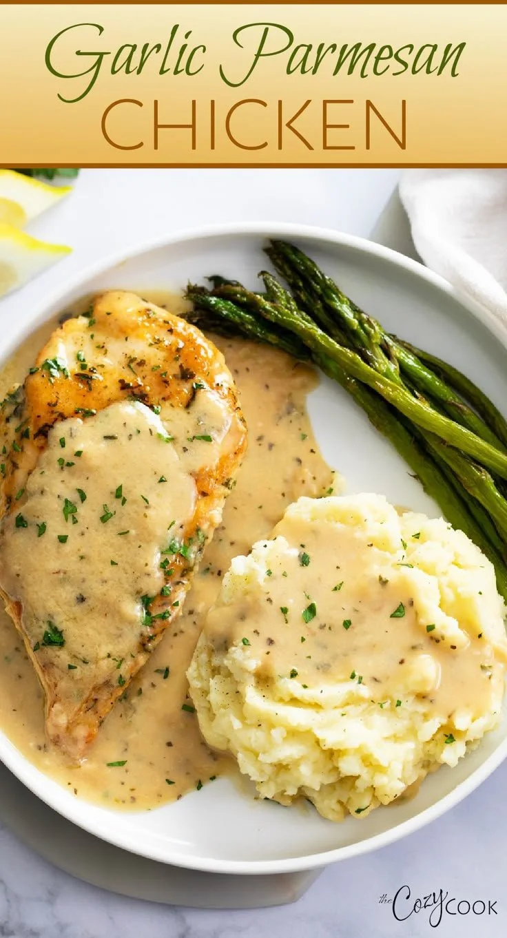 Delicious Garlic Parmesan Chicken served with herbs and spices