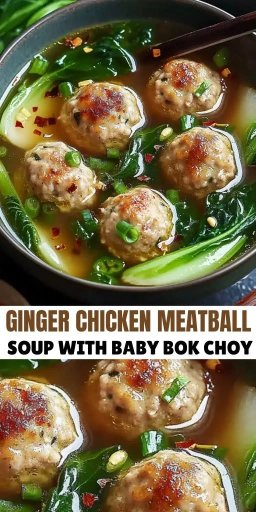 Ginger chicken meatball soup with baby bok choy in a bowl.