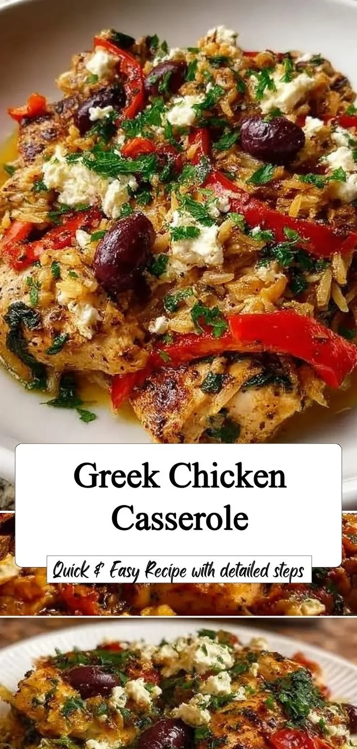 Delicious Greek Chicken Casserole topped with herbs and cheese served in a dish