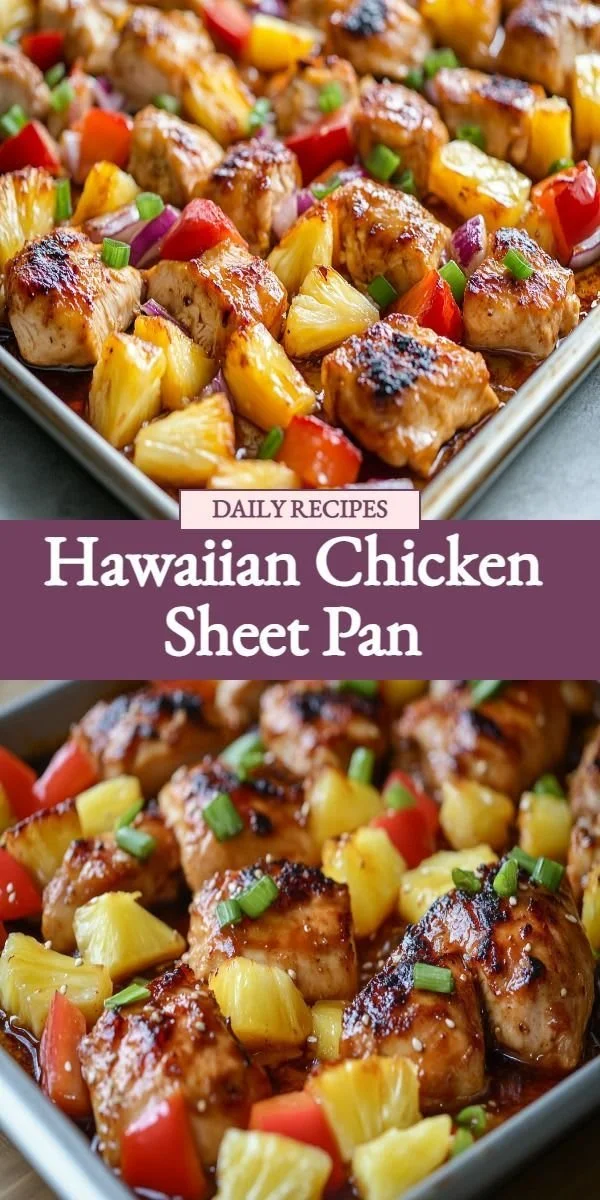 Hawaiian Chicken Sheet Pan dish with colorful vegetables