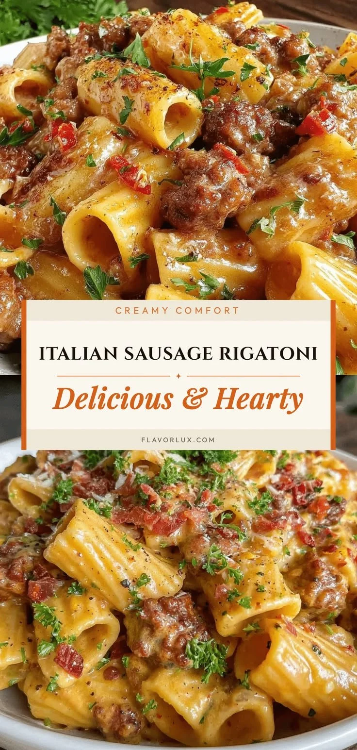 Hearty Italian Sausage Rigatoni Pasta on a plate garnished with herbs