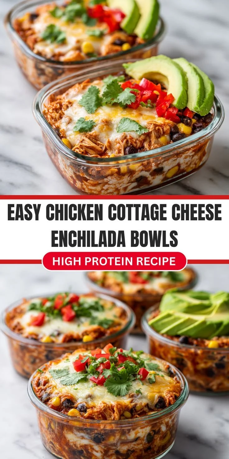 High-protein chicken enchilada bowl with cottage cheese and toppings