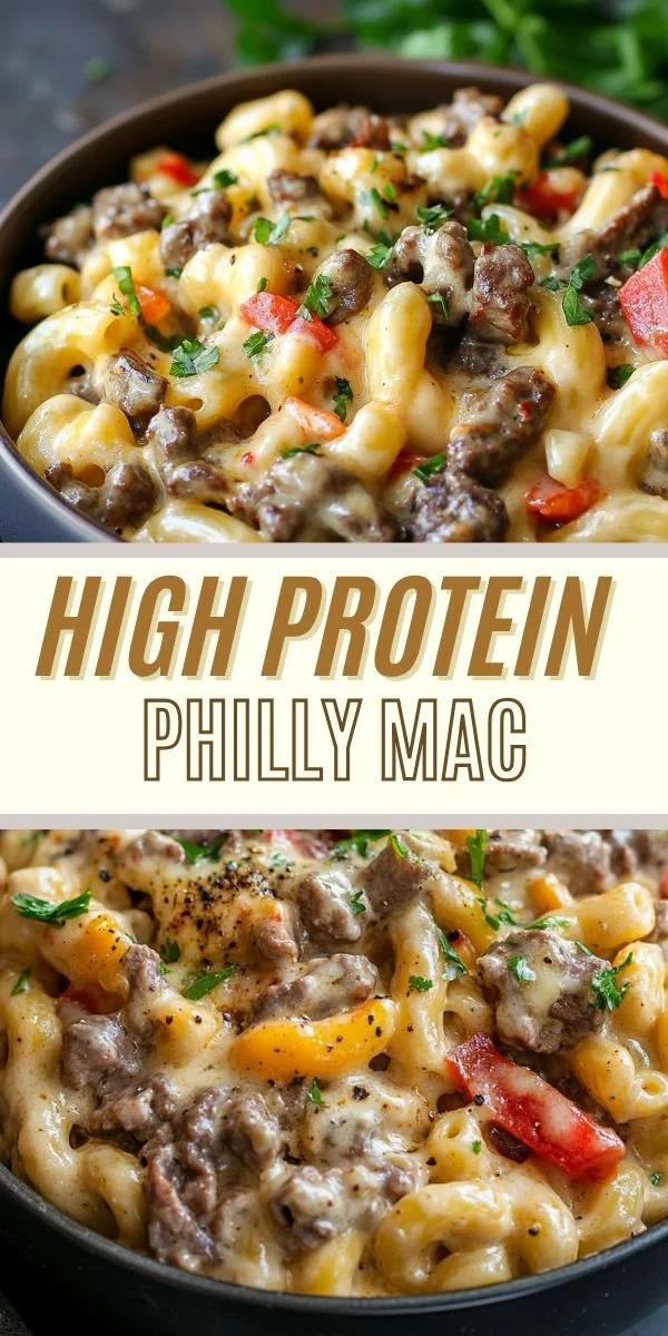 Creamy high-protein Philly cheesesteak mac and cheese in a bowl