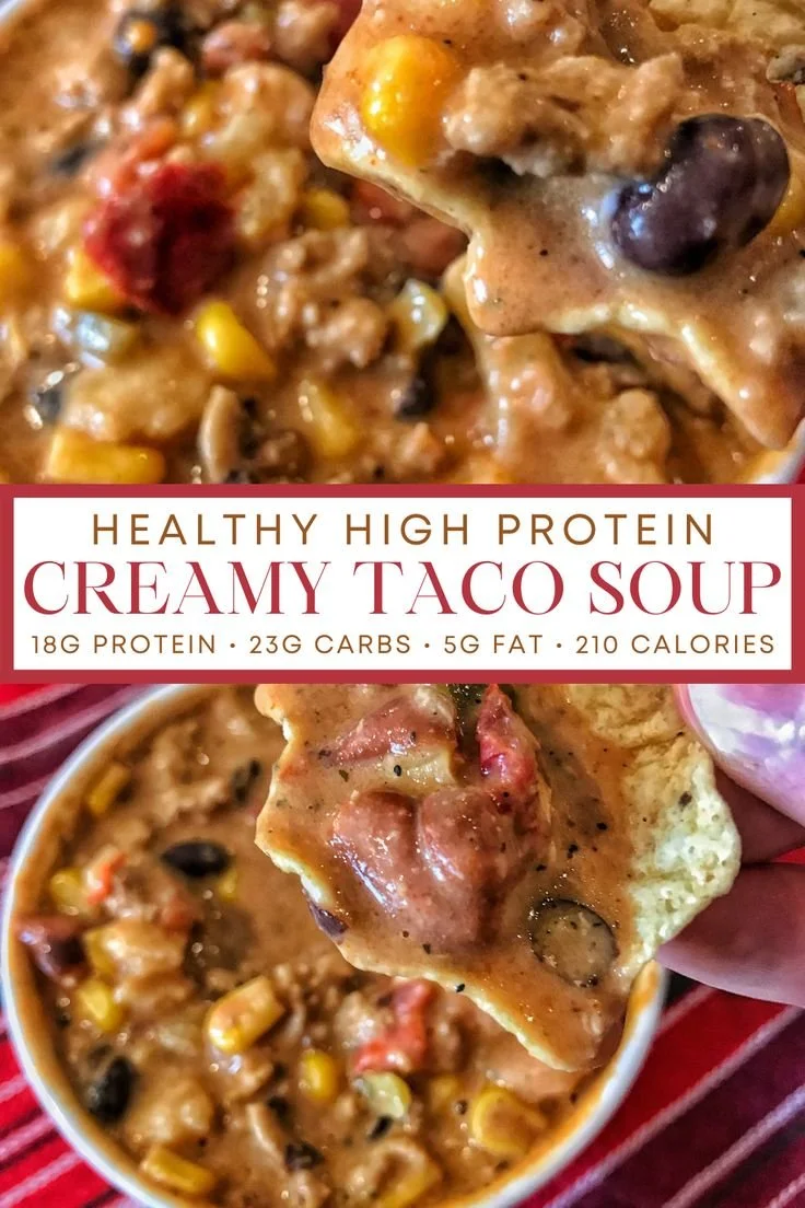 Bowl of high protein creamy taco soup topped with cilantro and cheese