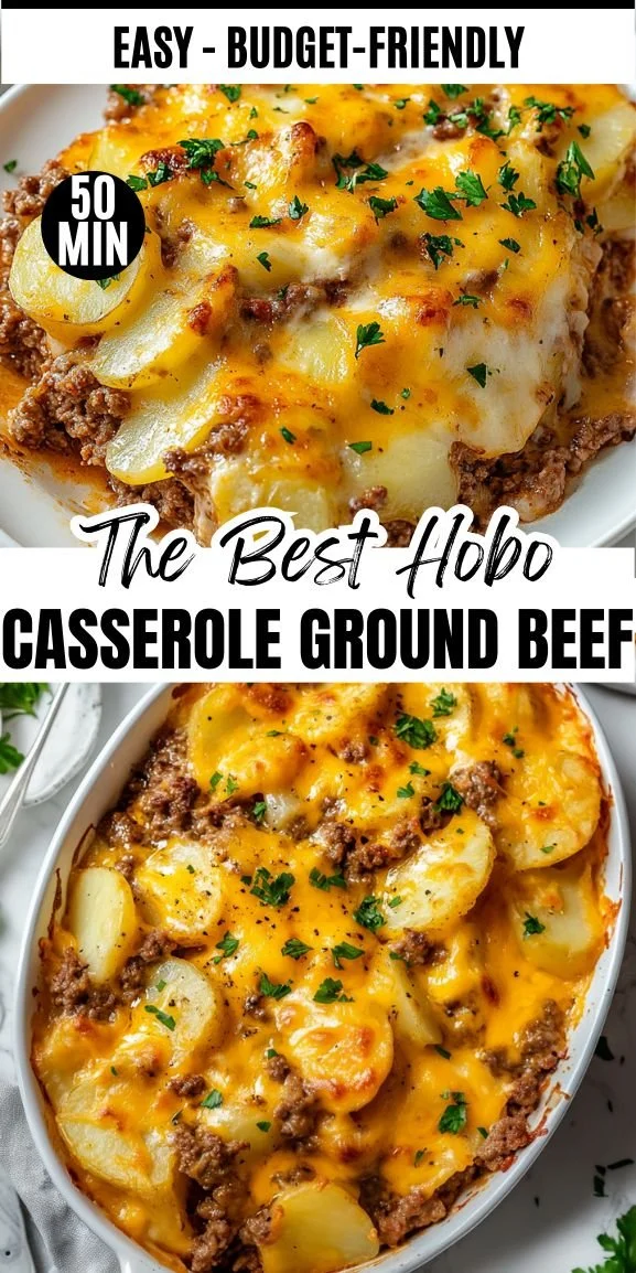 Delicious Hobo Casserole served in a baking dish with vegetables and meat.