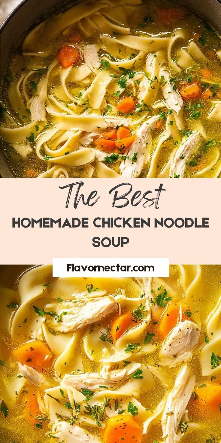 Bowl of homemade chicken noodle soup with fresh ingredients and herbs