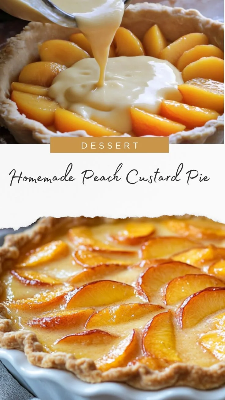 Homemade peach custard pie fresh out of the oven with golden crust.