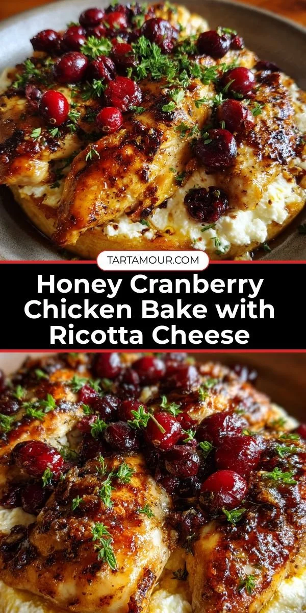 Honey Cranberry Chicken Bake topped with creamy ricotta cheese, garnished with cranberries.