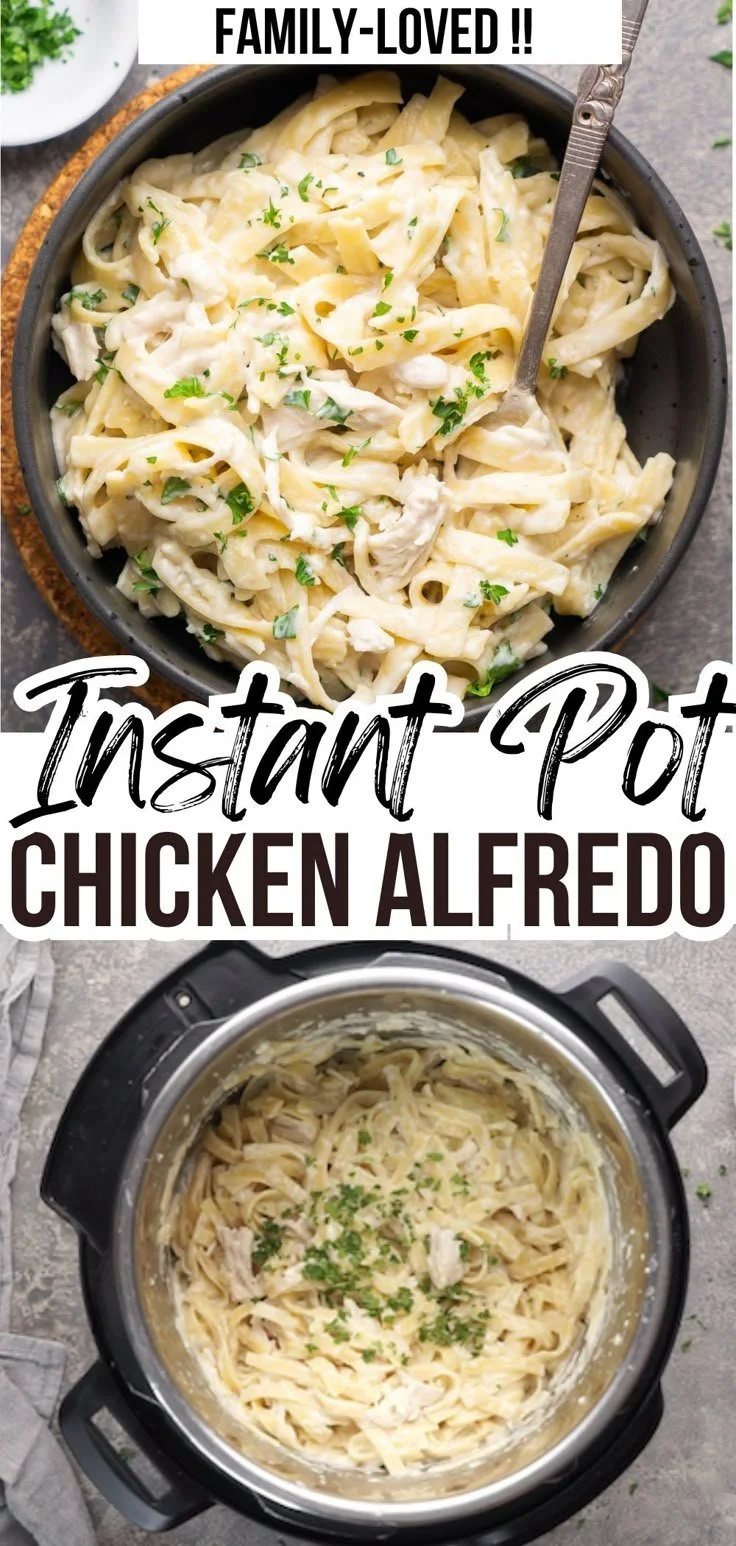 Delicious Instant Pot Chicken Alfredo served with garnished parsley