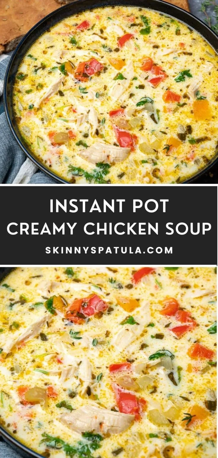 Bowl of Instant Pot creamy chicken soup served with fresh herbs and bread